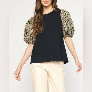 Entro Floral Jacquard Puff Sleeve Black Blouse Women’s Size Medium T20968